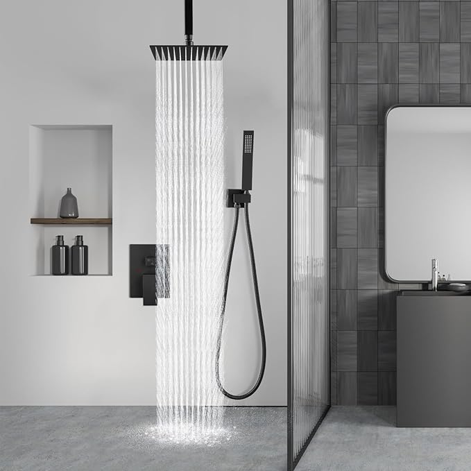 Aolemi Ceiling Mount Rain Shower Head & Handheld Spray with Robust Valve & Trim Kit - Matte Black, 8 Inch Head