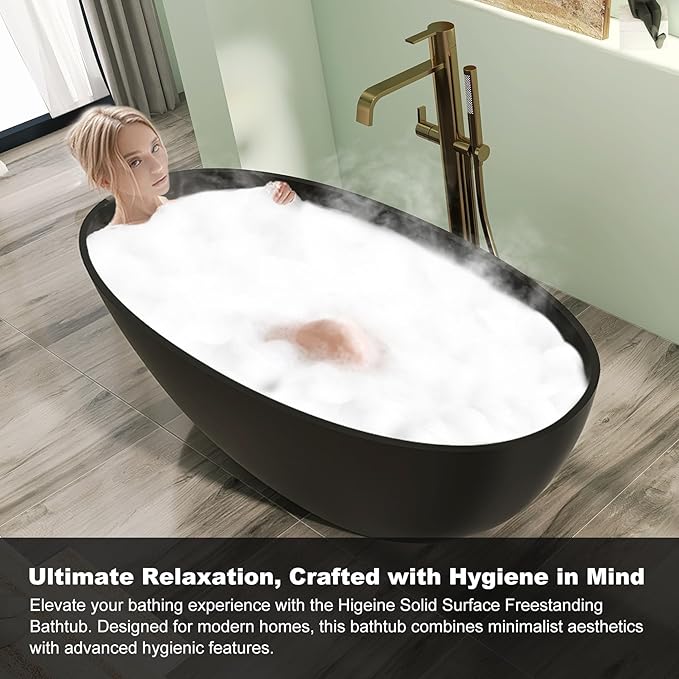 65" Premium Matte Black Solid Surface Freestanding Bath Tub, Oval Stone Resin Tub with Overflow and Pop-up Drain