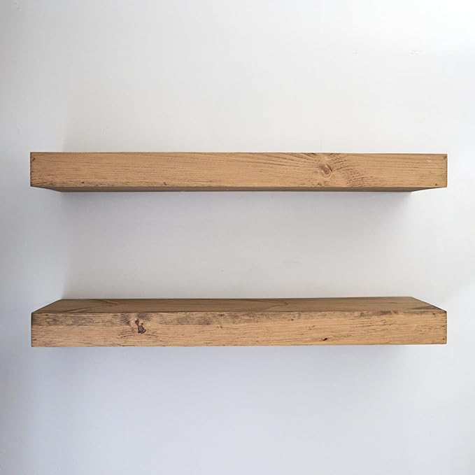 Urbandi Modern Floating Shelves 3 Inches Thick for Wall, Wide Shelves for Kitchen, Living Room, Bedroom, and Bathroom, Natural Pine Wood, Rustic Wooden Shelf, (Set of 2) (Aged Oak, 60Lx3Hx8D)
