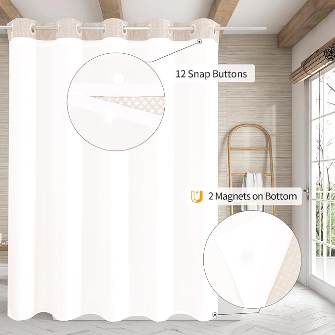 MitoVilla Pink Long Shower Curtain Liner Set 72 x 80, No Hooks Needed 80 inch Long Heavyweight Waffle Fabric Shower Curtain Set with Snap-in Liner for Hotel Grade Spa-Like Bathroom Decor, Blush Pink