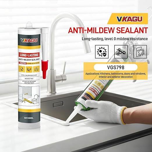 VGS 798 Professional Silicone Sealant Caulk 10.15 Oz Cartridge, 12 Pack - for Kitchen & Bathroom, White, 100% Waterproof Silicone Sealant,Shrink & Crack Proof