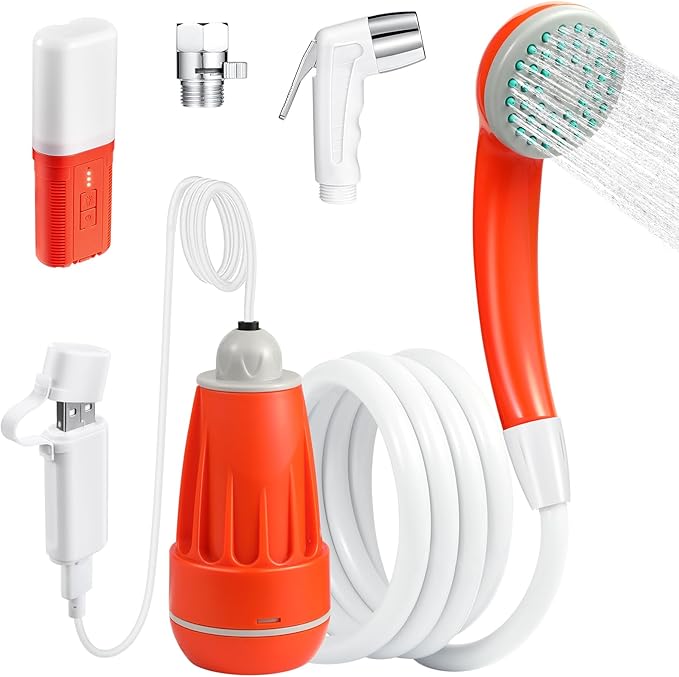 Portable Shower for Camping, 4400mAh Electric Portable Camping Shower with USB C Adapter, Outdoor Camp Pump with LED Camping Light, Multiple Power Supply Methods, for Hiking, Travel, Car
