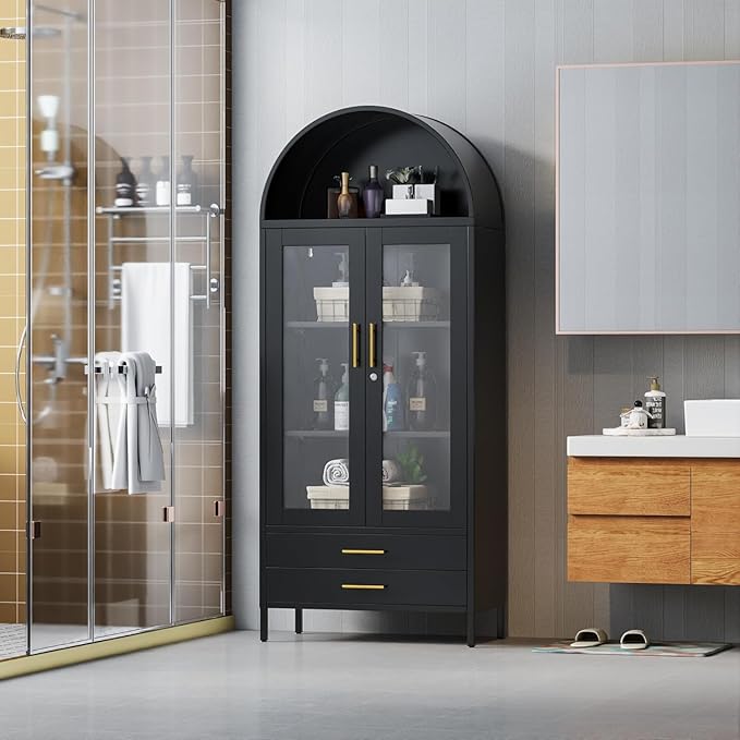 73''H Metal Arch Kitchen Pantry Cabinets, Arched Display Cabinet with Glass Doors&Drawers for Home Living Room, Assemble Required, Black