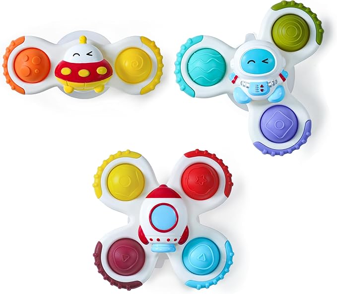 LiKee Strong Suction Cup Fidget Rotating Sensory Bath Toys for Baby Christmas Stocking Stuffers, Airplane Car Travel Table & Window Toys for Toddler Boys and Girls, 12+ Months