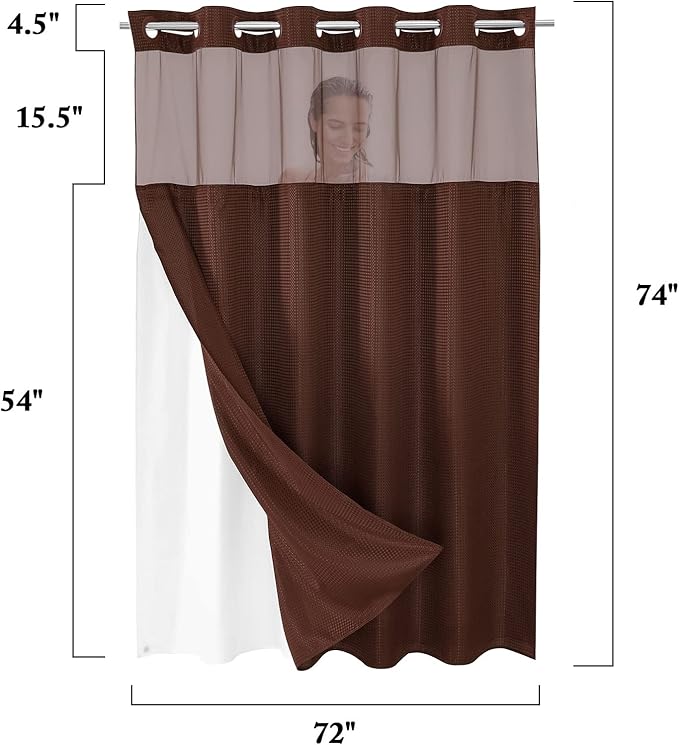 Gibelle No Hook Waffle Weave Shower Curtain with Snap-in Fabric Liner Set for Bathroom, Hotel Style with Mesh Top Window, Waterproof & Washable, Brown, 72x74