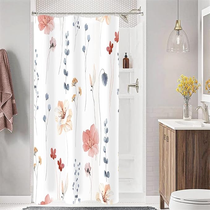 Gibelle Small Stall Shower Curtain 36 x 72, Narrow Half Watercolor Floral Fabric Shower Curtain, Coral Beige Flower Decorative Bathroom Shower Curtain Set