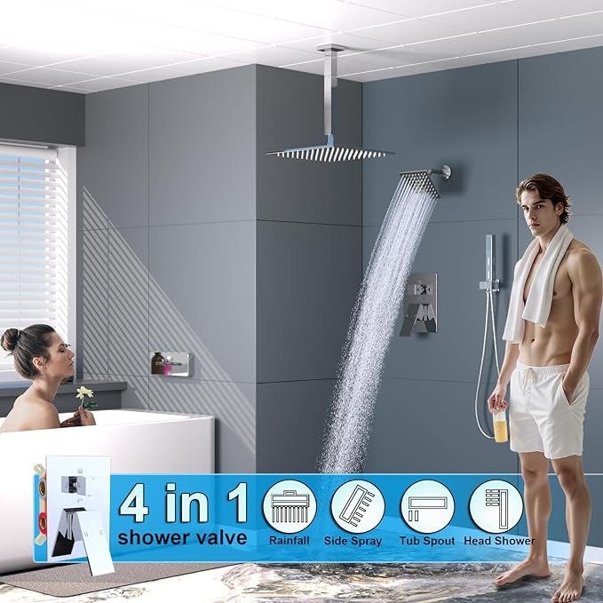 ENGA Shower System with Tub Spout, Bathtub Shower Faucet Combo Set - 10" & 6" Square Rain Shower Heads with 2 in 1 Handheld Spray, 4 Way Water Diverter, Chrome