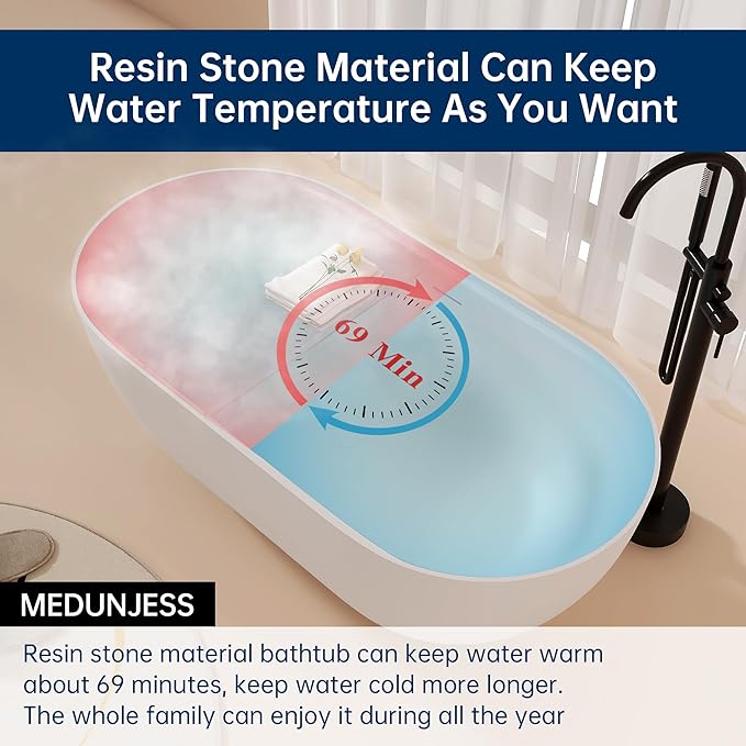 59'' Stone Resin Freestanding Bathtub, Bathroom Solid Surface Tub Bathtubs soaker Tubs Oval Shaped Matte Luxury Modern Soaking Tub with Overflow and Pop-up Drain - White
