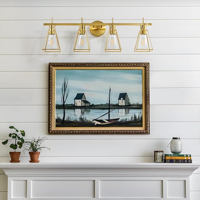 Industrial Bathroom Vanity Lights: 4-Lights Gold Brushed Brass Vintage Metal Cage Wall Lamps - Rustic Farmhouse Light Fixture Over Mirrors Cabinet for Painting Hallway