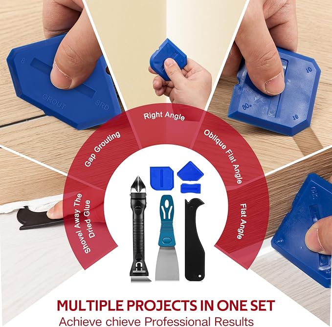 Silicone Caulking Tool Kit, Caulk Remover Tool, Putty Knife Scraper, 3 Glass Glue Corner Scrapers, Grout Removal Tool with Stainless Steel Head for Kitchen Bathroom and Window