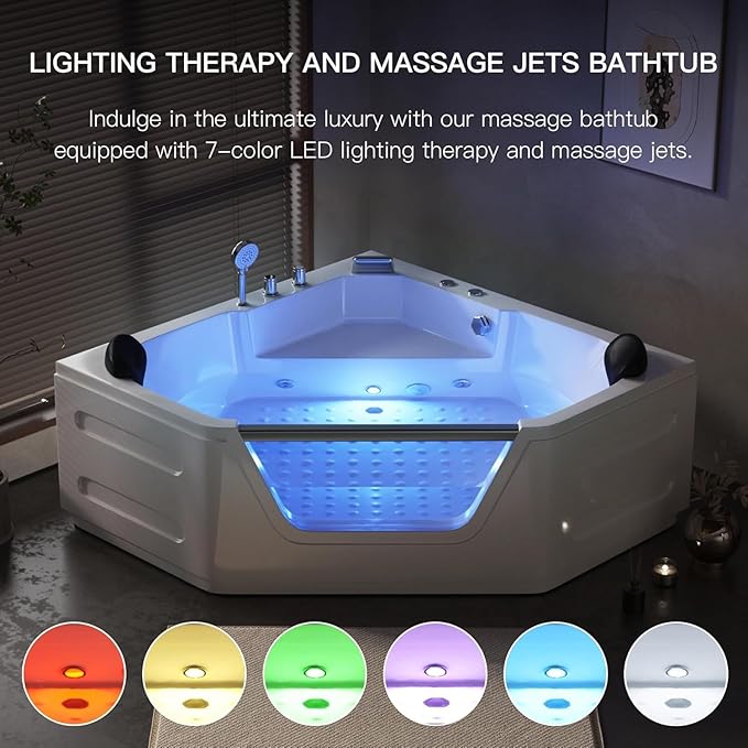 59'' x 59'' Corner Whirlpool Tub- Plastic Acrylic Bathtub with Light,Home Spa Hydromassage with Chromatherapy,Hydro Massage for 2 Person White, ETL Certified