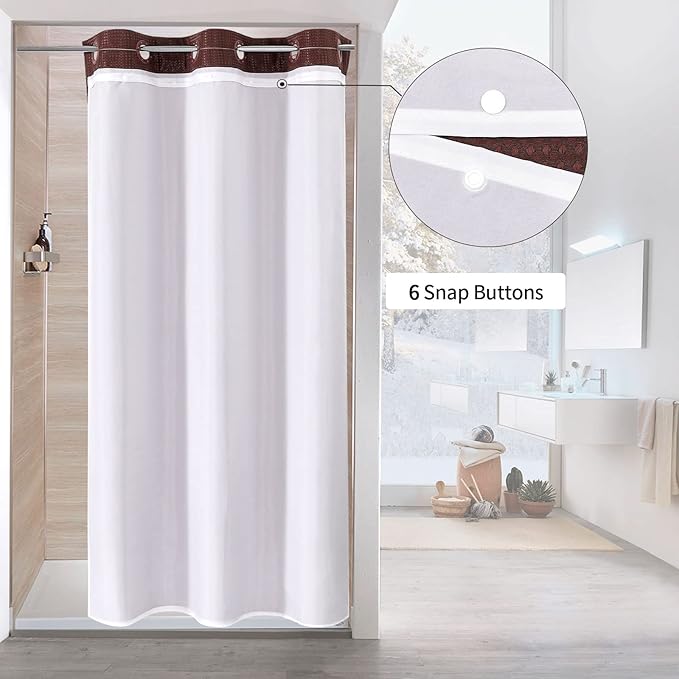 MitoVilla Brown Waffle Small Stall Shower Curtain Liner Set 36 x 74, No Hooks Required Half Size Narrow Fabric Shower Curtain Set with Snap-in Liner for Modern Farmhouse Bathroom Decor, Dark Brown