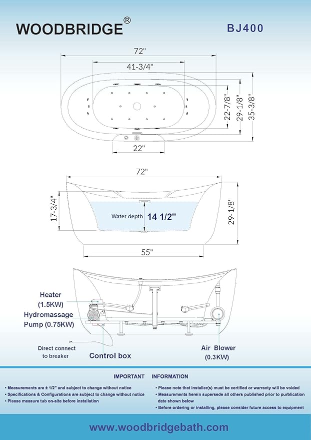 WOODBRIDGE 72" x 35-3/8" Whirlpool Water Jetted and Air Bubble Freestanding Heated Soaking Combination Bathtub with LED control panel, BJ400