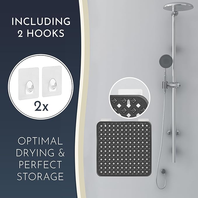 homerella® Shower Mat Non Slip Anti Mold, Non Slip Shower Mats for Inside Shower Stall Anti Slip Mat, Square Shower Floor Mat 21 x 21 in with Suction Cups & Hooks for Quick Drying, Machine Washable