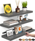 BAYKA Grey Floating Shelves for Wall, Wall Mounted Rustic Wood Shelves for Bathroom, Bedroom, Living Room, Kitchen,Small Hanging Shelf for Books/Storage/Room Decor (Set of 3, 15.7in)