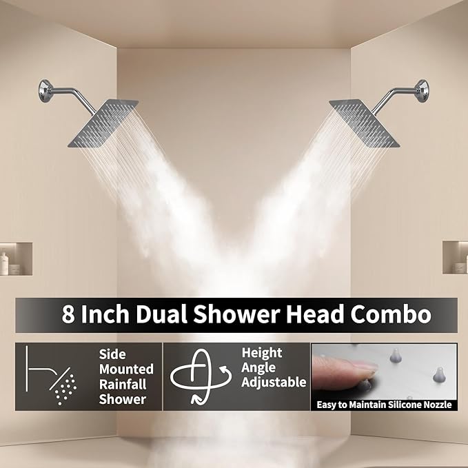 Polished Chrome Shower System with 12 inch Ceiling Mounted Shower Head and Dual 8 inch Wall Mounted Shower Head, Digital Display Shower Faucet Set with Handheld Spray