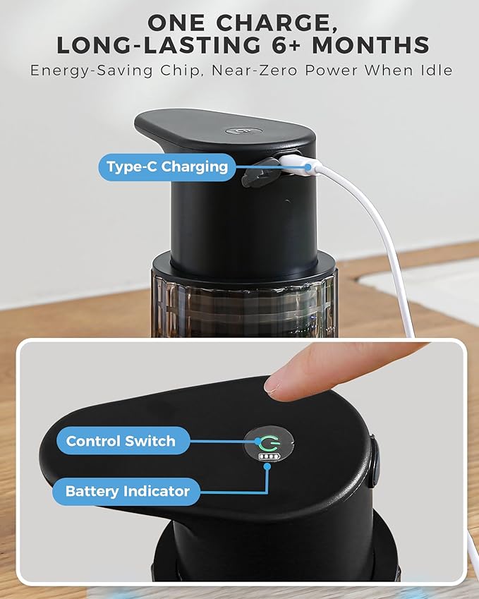 Automatic Liquid Soap Dispenser Touchless, 10oz/300ml Rechargeable, 3 Adjustable Liquid Levels, IPX5 Waterproof, for Kitchen Bathroom, Black