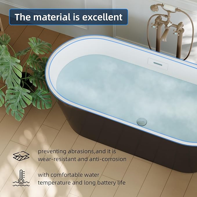 59'' Acrylic Freestanding Bathtub, Deep Soaking Tub with Non-Slip Base, cUPC Certified, Modern Black Bath Tub with Chrome Drain, Free Standing Tub for Bathrooms