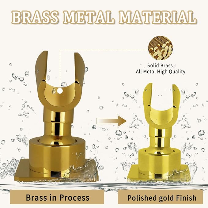 Shower Head Holder Handheld Shower Wand Holder Adjustable Shower Head Bracket Shower Wall Mount Holder, Polished Brass/Gold Finish, Drill Free Glue Installation
