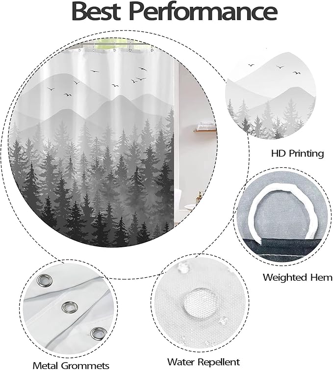 Aipon Black Misty Forest Shower Curtain Gray Ombre Nature Tree Plants Shower Curtains Fabric Waterproof Mountain Shower Curtain Sets for Bathroom Bath Decor with 12 Hooks (Black, 72'' × 72'')