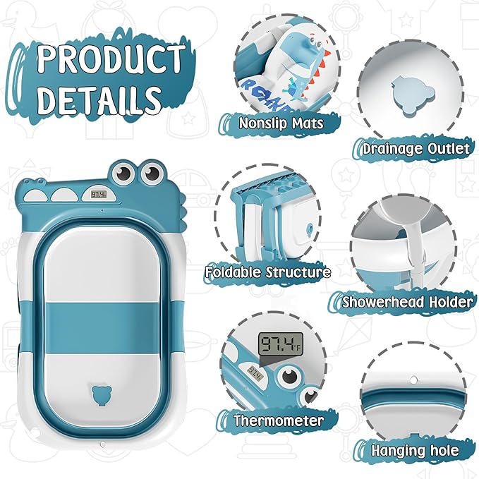 MoreFeel Collapsible Baby Bathtub for Newborn with Thermometer & 1 Hooded Towel & 1 Soft Floating Cushion,Portable Travel Bathtub with Drain Hole, Durable Foldable Baby Tubs for Infants to Toddler