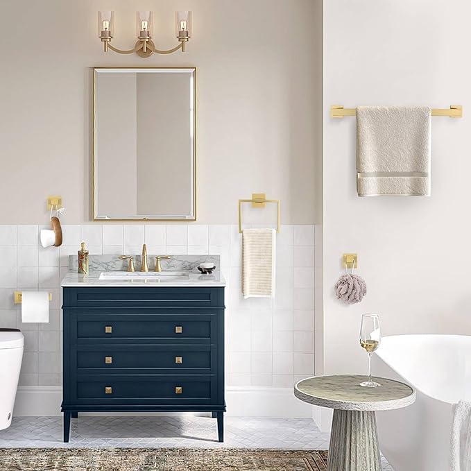 Brushed Gold 5 Pieces Bathroom Hardware Accessories Set Towel Bar Set Towel Holder&Racks Set for Bathroom,SUS304 Stainless Steel,Wall Mounted 16-Inch