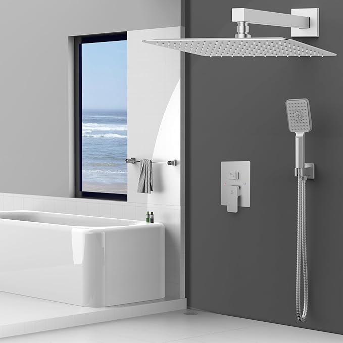 Shower System Modern Rain Brass Faucet Set With Valve and Diverter Shower Mixer With Handheld High Pressure Square Rainfall Shower Valve (12'' Wall Mount, Brushed Nickel)