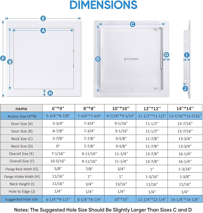 TICONN Access Panel for Drywall, 8 x 8 Inch ABS Plastic Wall Hole Cover Access Doors, Easy Install Plumbing Wall Panel for Drywall, Ceiling, Wiring and Cables
