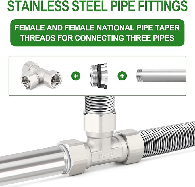 TAISHER 2PCS 304 Stainless Steel 3 Way 3 Ends Flexible Movable Tee Connector, 1/2" for Sprayer, Angled Valve, Shower Arm