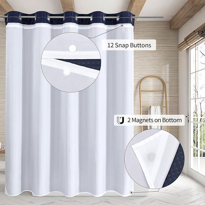 MitoVilla No Hooks Required Navy Blue Waffle Shower Curtain Liner Set, Modern Heavyweight Fabric Shower Curtain Set with Snap-in Liner for Hotel Grade Spa-Like Bathroom Decor, 72 x 74