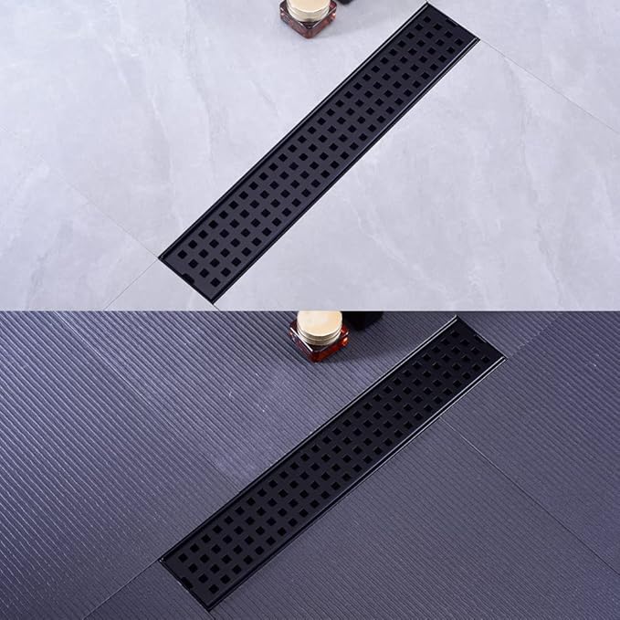 16 Inch Linear Bathroom Shower Rectangular Floor Drain,New Type with Removable Cover Grid Grate, Adjustable Leveling Feet Hair Strainer, SUS304 Stainless Steel,Black