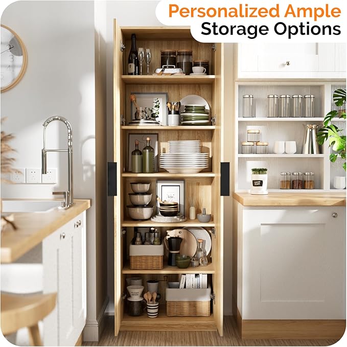 VINGLI 70" Modern Pantry Cabinet with Fluted Doors, 5 Adjustable Shelves, Tall Storage Solution for Kitchen, Dining Room, or Living Room, Oak