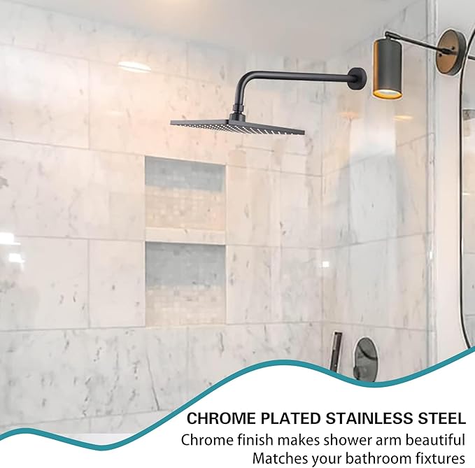 12 Inch Shower Arm with Flange,Stainless Steel 90 Degree Rain Shower Head Extension Arm,Wall-Mounted Shower Head Arm for Fixed Shower Head,Matte Black
