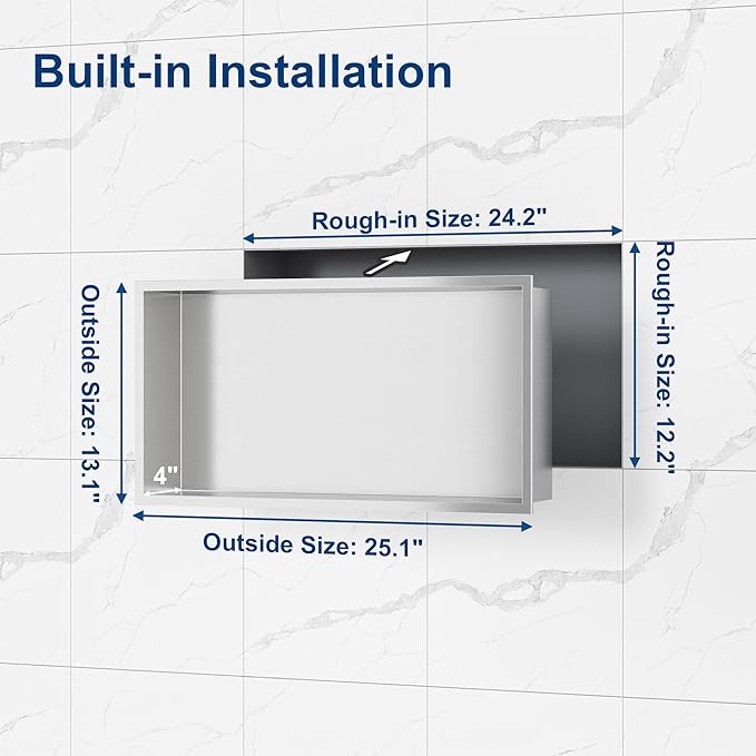Neodrain Recessed Shower Niche Shelf Stainless Bathroom Cabinet Shelf, Inner Size 24" X 12" X 4", Brushed Nickel Wall Niche Bathroom Cubby Storage