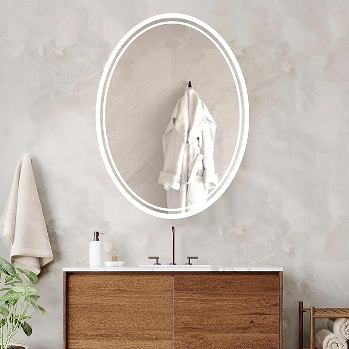 28 x 20 inch Oval LED Bathroom Mirror Anti-Fog 3 Colors Light Dimmable Wall Mounted Lighted Bathroom Vanity Mirror Memory Makeup Mirror Touch Switch
