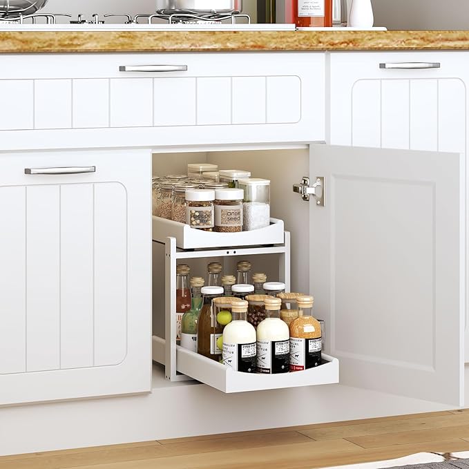 Bamboo Under Sink Organizer and Storage, 2 Pack Pull Out Cabinet Organization, 2 Tier Vertical Slide Out Undersink Storage Shelf, Multi-Purpose Organizer Shelves for Kitchen Bathroom Medicine, White