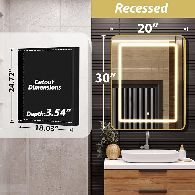 APRILSOUL 20X30 Inch Gold Bathroom Medicine Cabinet with Mirror, Recessed or Surface Lighted Medicine Cabinet with 3 Colors Temperature, Dimmable Light
