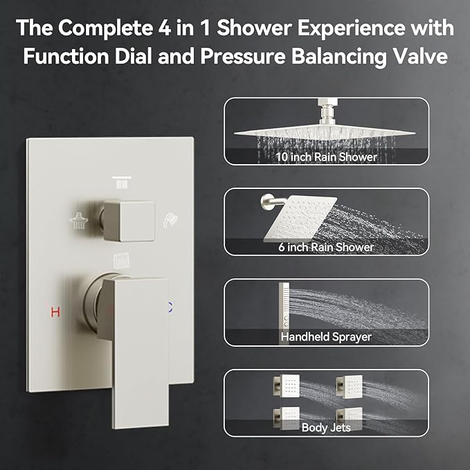 Brushed Nickel Shower System with Jets,Bostingner 4 Way Shower Faucet Set with 2 in1 Handheld,Ceiling Mount 12"+6" Rain Shower Head Wall Mounted, 4 Body Spray Jets Dual Head Shower Set