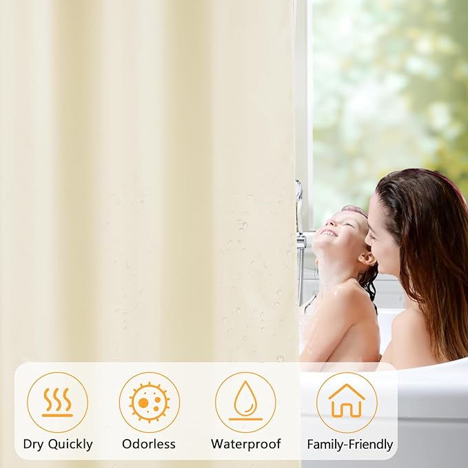 Waterproof Fabric Long Shower Curtain Liner with 3 Extra-Large Magnets, 72 x 78 inch Extra Long Cream Cloth Shower Liner Machine Washable, Hotel Quality Lightweight Shower Curtain for Bathroom