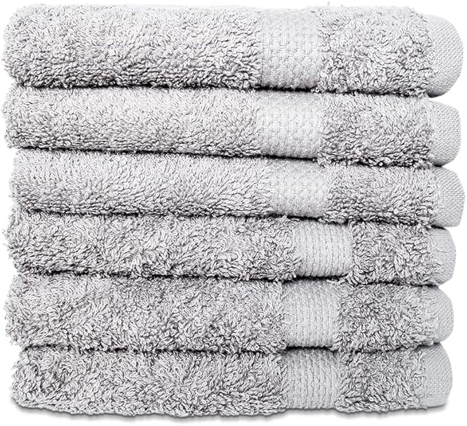Hencely Premium 6-Pack Washcloths 12x12 Inches Soft Turkish Cotton High Absorbent and Quick Dry Dishtowel for Kitchen and Bath (Wash Cloth 6 Pack, Silver)