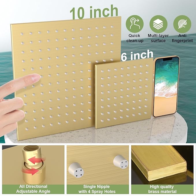 ENGA Shower System with Tub Spout, Bathtub Shower Faucet Combo Set - 10" & 6" Square Rain Shower Heads with 2 in 1 Handheld Spray, 4 Way Water Diverter, Brushed Gold