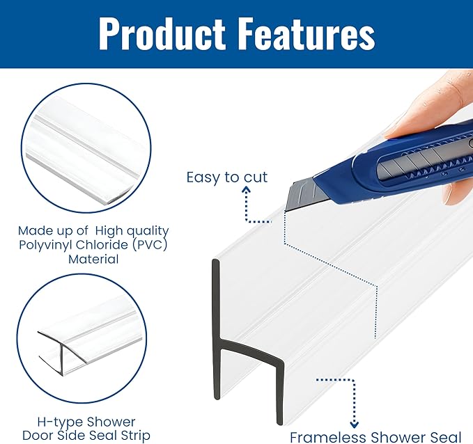 CBW Frameless Shower Door Side Seal Strip H-Type 180 Degree 85'' Length, Clear (1, 3/8'' Glass)