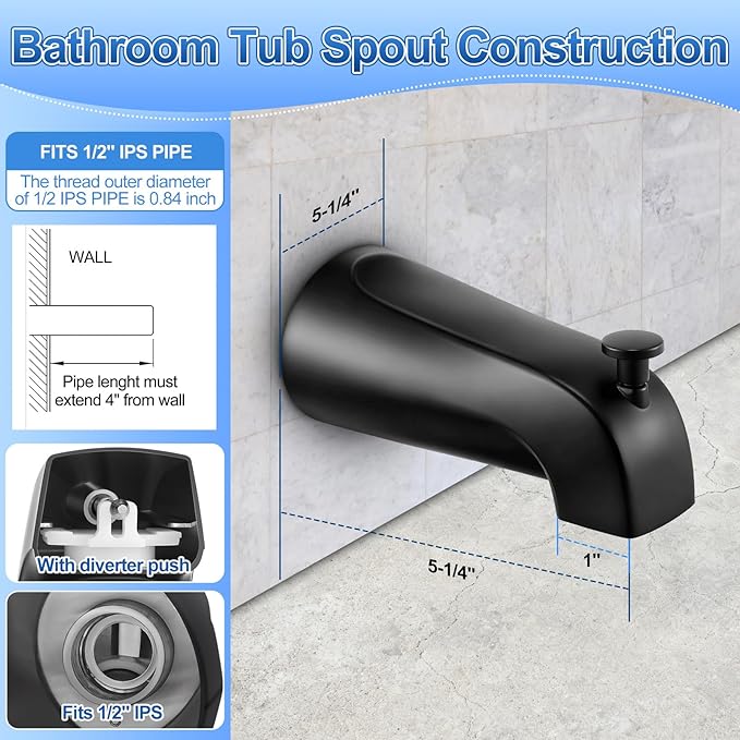 3 Piece Bathroom Fixture Set in Matte Black Shower Arm with Flange, Bathtub Drain, and 5-1/4 Inch Tub Spout Complete Upgrade Kit for Modern Bathrooms