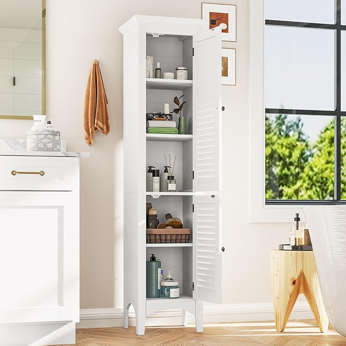 Tangkula 63" Tall Bathroom Storage Cabinet, Freestanding Narrow Linen Tower with Adjustable Shelf, Modern Slim Floor Cabinet with 2 Doors for Bathroom, Living Room, Kitchen (White)