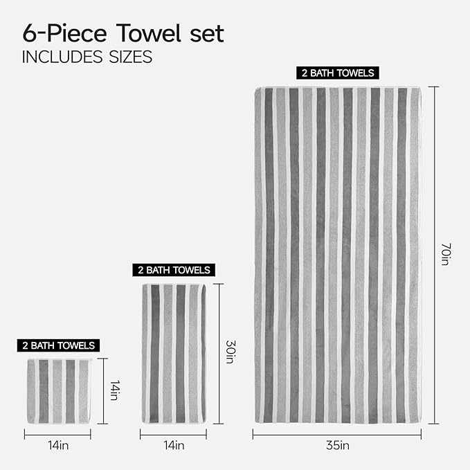 REDKISS Ultra Soft Bath Towel Set 6-Piece 35"x70" | 100% Microfiber, Highly Absorbent, Quick Dry | Gray Towels for Bathroom, Spa, Gym | 2 Bath, 2 Hand, 2 Washcloths