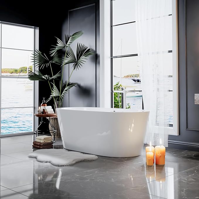 Empava Bathtub, 59" Soaking Tub, Acrylic Free Standing Tub with Center Drain and Overflow,Contemporary Design Bathtubs for Bathroom, cUPC Certified, Glossy White (Pack of 1)
