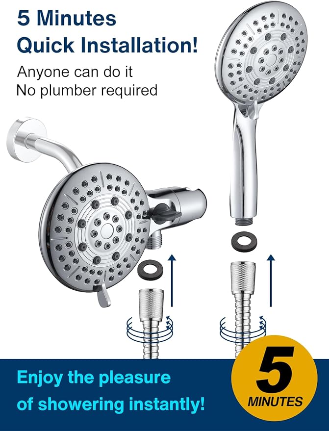 Cobbe 48-Setting High Pressure 3-Way Shower Head Combo, Hand Held Shower & Rain Shower Separately or Together, 4.7" Dual 2 in 1 Showerhead with Stainless Steel Hose - Chrome - U.S. Invention Patents