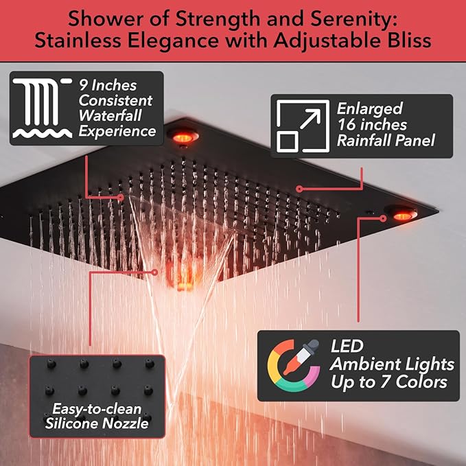 VANFOXLE Shower Faucet Set Matte Black Four Modes Shower System,Shower Faucet with 2 in 1 Handheld,Ceiling Mount 16 Inch LED Shower Head(Rain and Waterfall)+6 Inch Shower Head