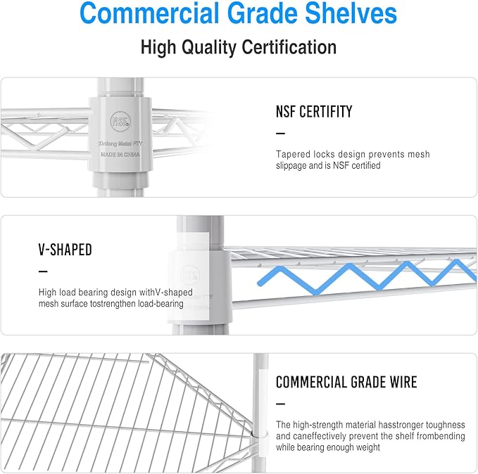 White 6 Tier NSF Metal Pentagonal Corner Wire Shelving Units, 600lbs Storage Rack with Feet for Kitchen, Utility Room, Warehouse, 72" H x 20" L x 20" W