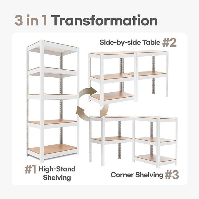 HOMEDANT House 24.4" W 5 Tier Heavy Duty Garage Shelving Adjustable Metal Rack Storage Shelves Standing Shelf Unit Organizers Pantry Closet Office White 4Pack